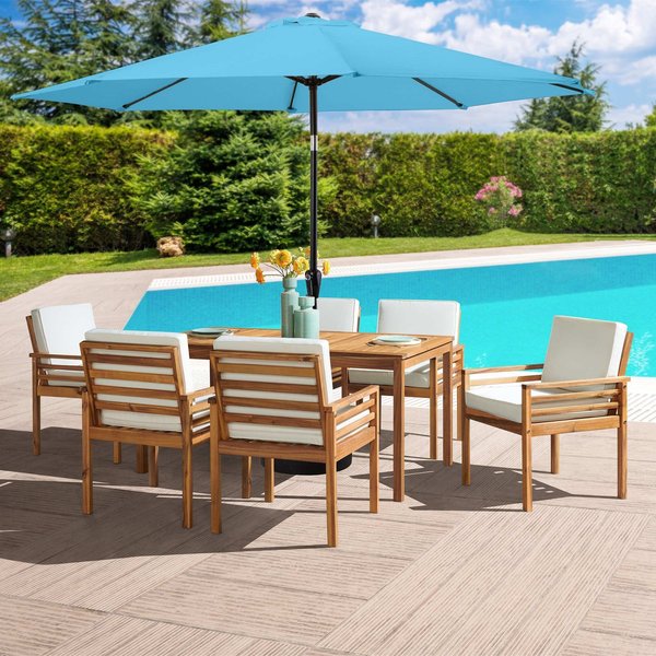 Alaterre Furniture 8 Piece Set, Okemo Table with 6 Chairs, 10-Foot Auto Tilt Umbrella Blue ANOK01RD01S6